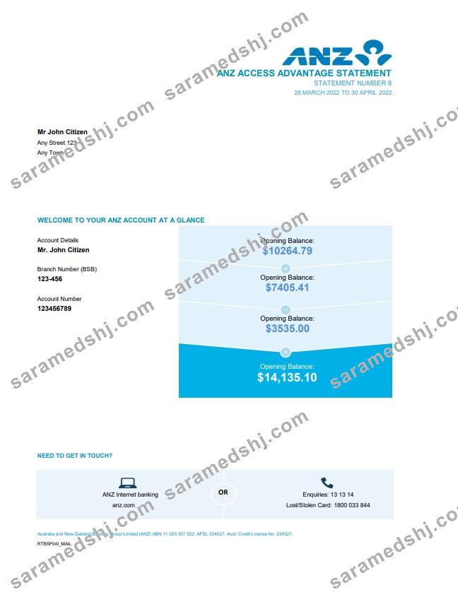 Australia ANZ bank statement easy to fill template in Excel and PDF format, 2 pages